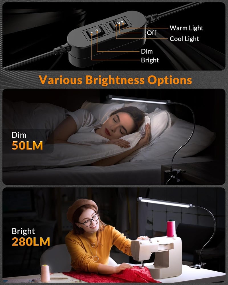 Le Power Led Clip on Light, 5W Reading Lights for Books in Bed with Gooseneck, Adjustable Color Temperature Clip Lamp, Ideal for Bedtime Reading and Piano Light, Metal, Black - Image 5